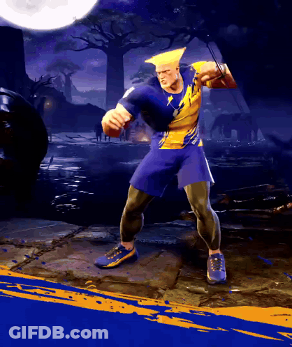 A Man In A Yellow And Blue Costume Is Standing On A Sidewalk In Front Of A Full Moon GIF
