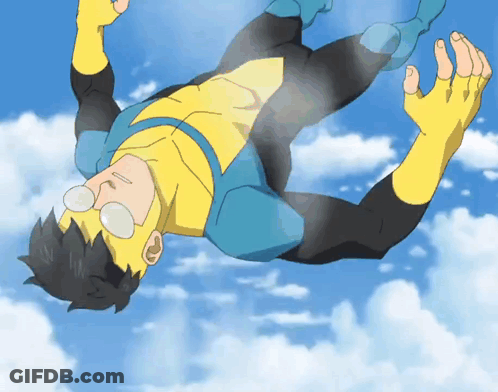 A Man In A Yellow And Blue Superhero Suit Is Falling Through The Air GIF