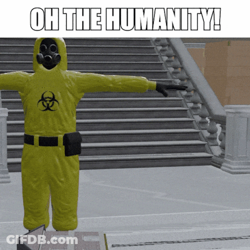 A Man In A Yellow Biohazard Suit Is Standing In Front Of A Set Of Stairs GIF