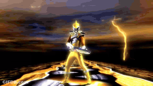 A Man In A Yellow Costume Is Holding A Sword In Front Of A Storm GIF