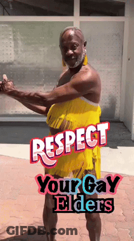 A Man In A Yellow Dress With The Words Respect Your Gay Elders On The Bottom GIF