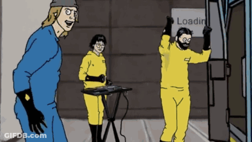 A Man In A Yellow Hazmat Suit Is Standing In Front Of A Sign That Says Loading GIF