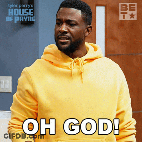A Man In A Yellow Hoodie Says Oh God In White Letters GIF