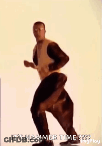 A Man In A Yellow Jacket And Black Pants Is Dancing And Says `` It 'S Hammer Time ? '' GIF