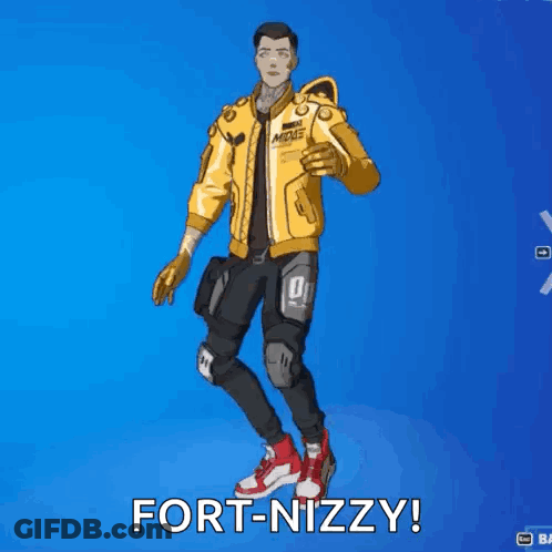A Man In A Yellow Jacket And Black Pants Is Standing In Front Of A Blue Background And Waving . GIF