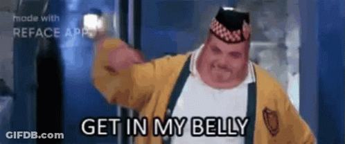 A Man In A Yellow Jacket And Hat Is Saying Get In My Belly GIF