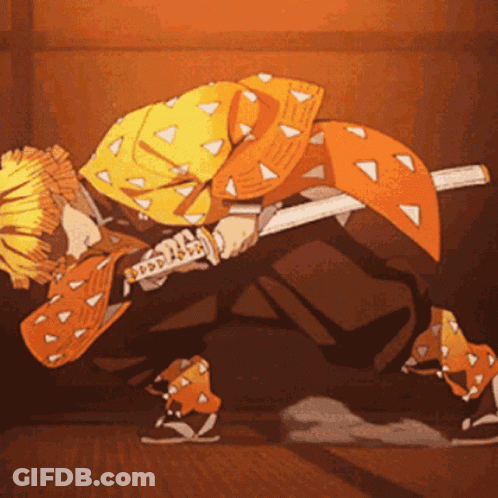A Man In A Yellow Jacket Is Holding A Samurai Sword . GIF