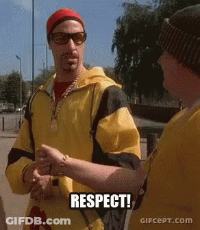 A Man In A Yellow Jacket Is Shaking Hands With Another Man And The Words Respect Are On The Bottom GIF