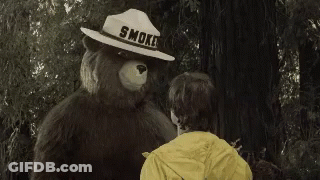 A Man In A Yellow Jacket Is Standing Next To A Bear In The Woods GIF