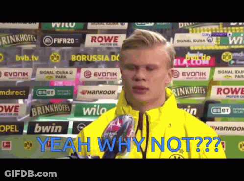 A Man In A Yellow Jacket With The Words Yeah Why Not Written On The Bottom GIF