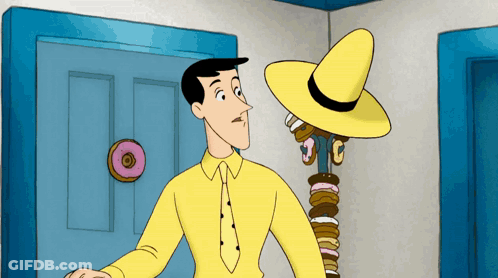 A Man In A Yellow Shirt And Tie Is Standing In Front Of A Yellow Hat GIF