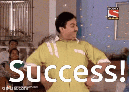 A Man In A Yellow Shirt Is Dancing In Front Of A Sign That Says " Success " GIF
