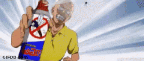 A Man In A Yellow Shirt Is Holding A Can Of Mosquito Spray In His Hand . GIF