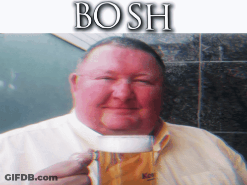 A Man In A Yellow Shirt Is Holding A Cup Of Coffee With The Word Bosh Written Above Him GIF