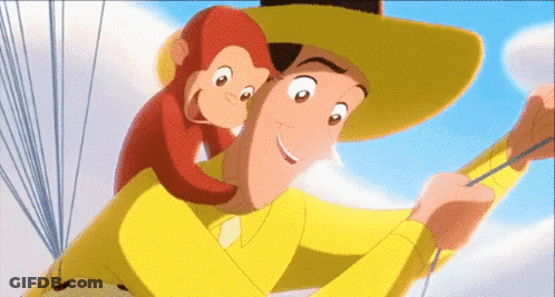 A Man In A Yellow Shirt Is Holding A Monkey On His Shoulders GIF