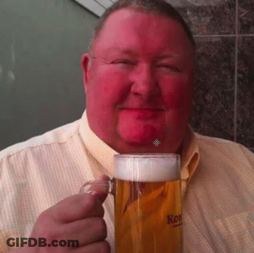 A Man In A Yellow Shirt Is Holding A Mug Of Beer With The Word Kon On It GIF