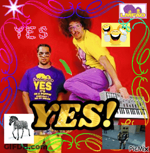 A Man In A Yellow Shirt Is Kneeling Next To A Man In A Purple Shirt That Says Yes On It GIF