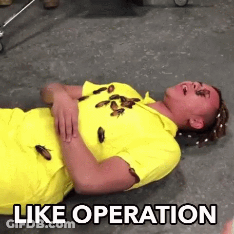A Man In A Yellow Shirt Is Laying On The Ground With Cockroaches On His Shirt And The Words Like Operation Below Him . GIF