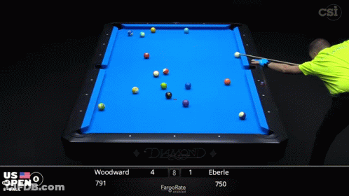 A Man In A Yellow Shirt Is Playing Pool GIF