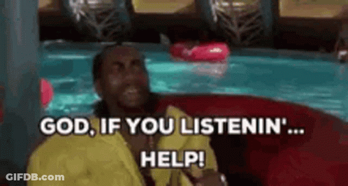 A Man In A Yellow Shirt Is Sitting On A Red Couch In Front Of A Swimming Pool . GIF
