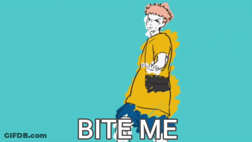 A Man In A Yellow Shirt Is Standing In Front Of A Blue Background With The Words Bite Me . GIF