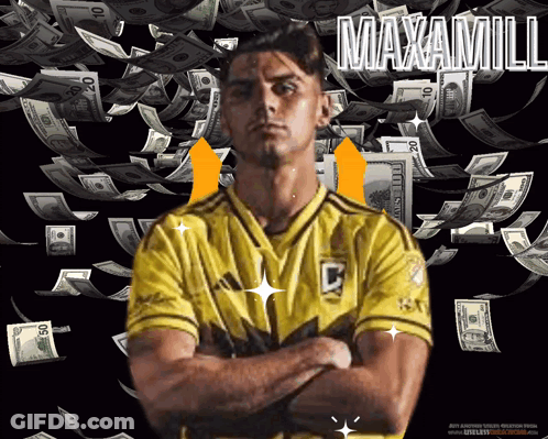 A Man In A Yellow Shirt Is Standing In Front Of A Pile Of Money And The Word Maxamli Is Written Above Him GIF