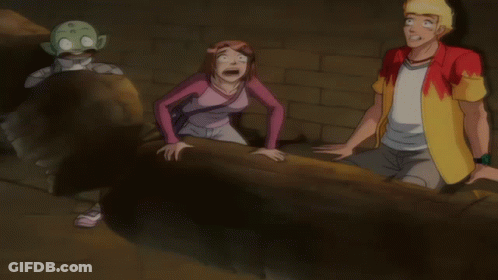 A Man In A Yellow Shirt Is Standing Next To A Woman In A Pink Shirt And A Man In A Green Helmet GIF