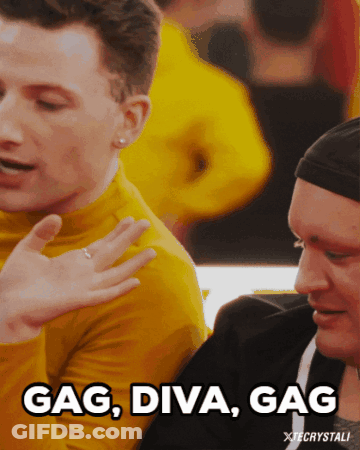 A Man In A Yellow Shirt Is Talking To Another Man And The Words Gag Diva Gag Are Visible GIF