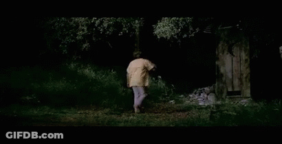 A Man In A Yellow Shirt Is Walking Through A Dark Forest With The Words " It 'S Those Damn Enchiladas " Above Him GIF