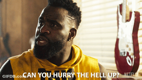 A Man In A Yellow Shirt Says " Can You Hurry The Hell Up Netflix " GIF
