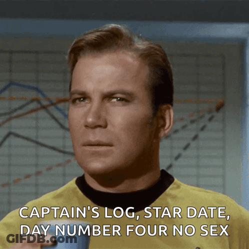 A Man In A Yellow Shirt Says Captain 'S Log Star Date Day Number Four No Sex In Front Of A Graph GIF