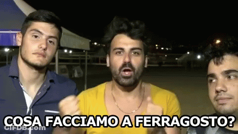 A Man In A Yellow Shirt Says " Cosa Facciamo A Ferragosto " GIF