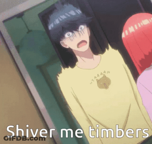 A Man In A Yellow Shirt Says " Shiver Me Timbers " In Front Of A Woman GIF