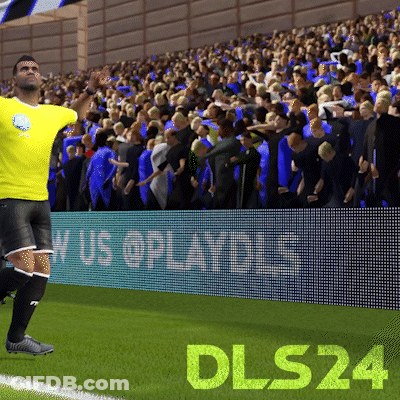 A Man In A Yellow Shirt Stands On A Soccer Field With Dls24 Written On The Bottom GIF