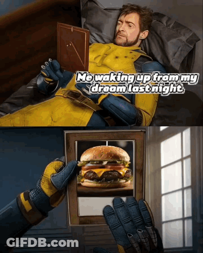 A Man In A Yellow Suit Is Laying In Bed Looking At A Picture Of A Hamburger In A Picture Frame GIF