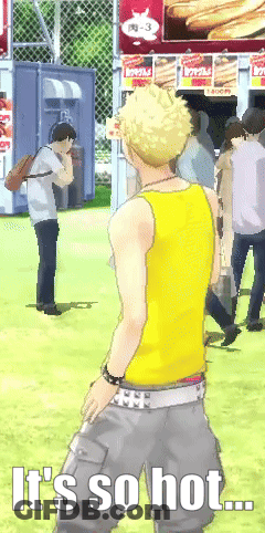 A Man In A Yellow Tank Top Is Standing In Front Of A Sign That Says ' It 'S So Hot ... ' GIF