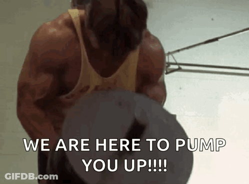 A Man In A Yellow Tank Top Says " We Are Here To Pump You Up !!! " GIF
