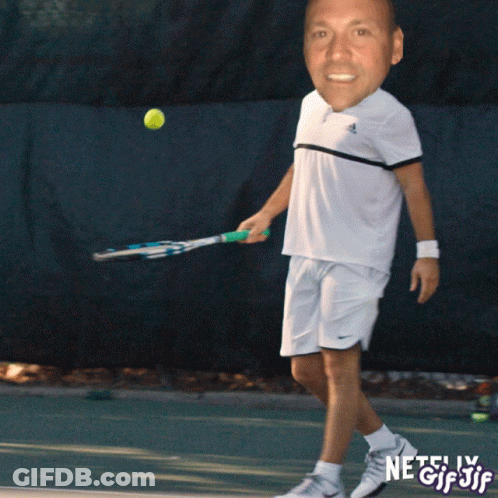 A Man In An Adidas Shirt Is Swinging A Tennis Racquet On A Tennis Court GIF