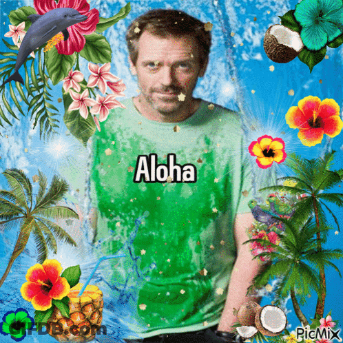 A Man In An Aloha Shirt Is Surrounded By Tropical Flowers GIF