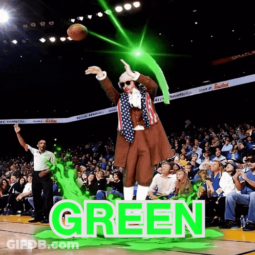 A Man In An American Flag Outfit Is Throwing A Basketball And The Word Green Is Visible GIF