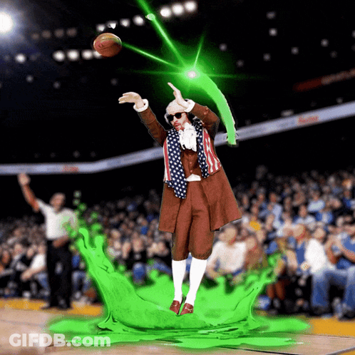 A Man In An American Flag Outfit Throws A Basketball In The Air GIF