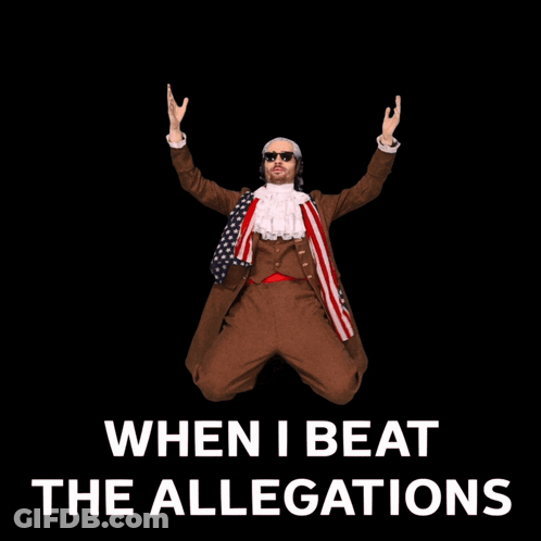 A Man In An American Flag Suit Is Jumping In The Air With The Words " When I Beat The Allegations " Behind Him GIF