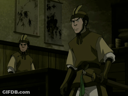 A Man In An Apron Holding A Large Sword GIF