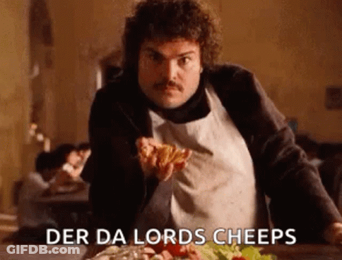 A Man In An Apron Is Eating A Pizza And Says Der Da Lords Cheeps GIF