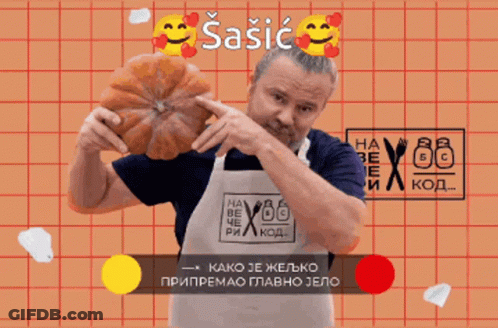 Man In Apron Holding Pumpkin Sasic Name GIF