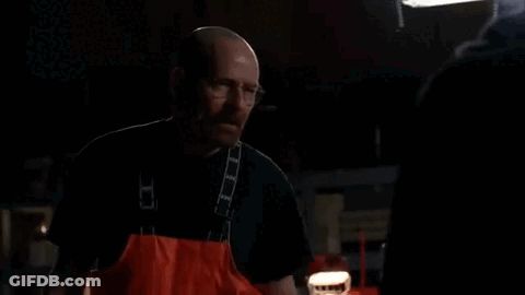 A Man In An Apron Is Screaming In A Dark Room With The Word Done Written On The Screen . GIF