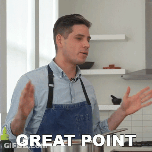 A Man In An Apron Is Standing In Front Of A Pot That Says " Great Point " GIF