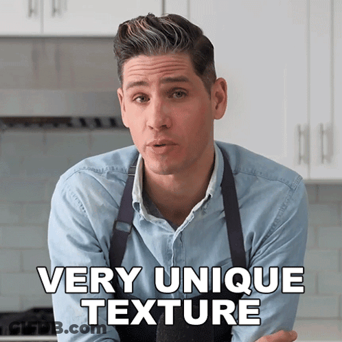A Man In An Apron Says Very Unique Texture In A Kitchen GIF