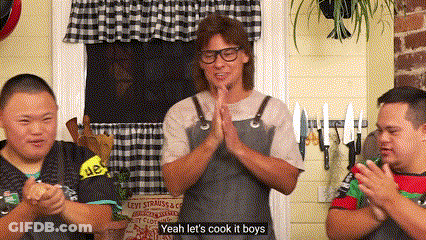 A Man In An Apron Says " Yeah Let 'S Cook It Boys " In Front Of Two Boys GIF