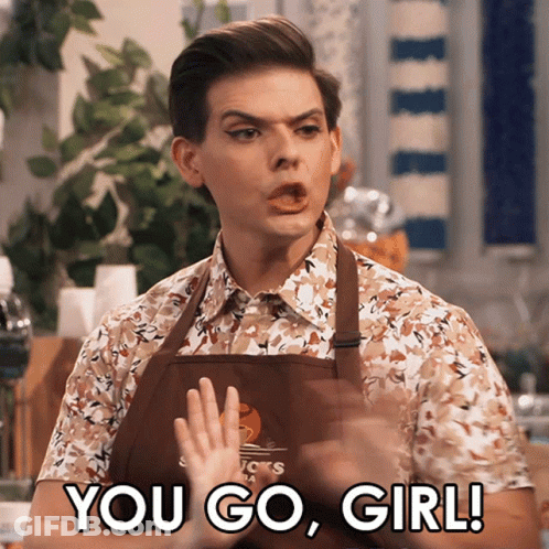 A Man In An Apron Says " You Go Girl " To A Child GIF